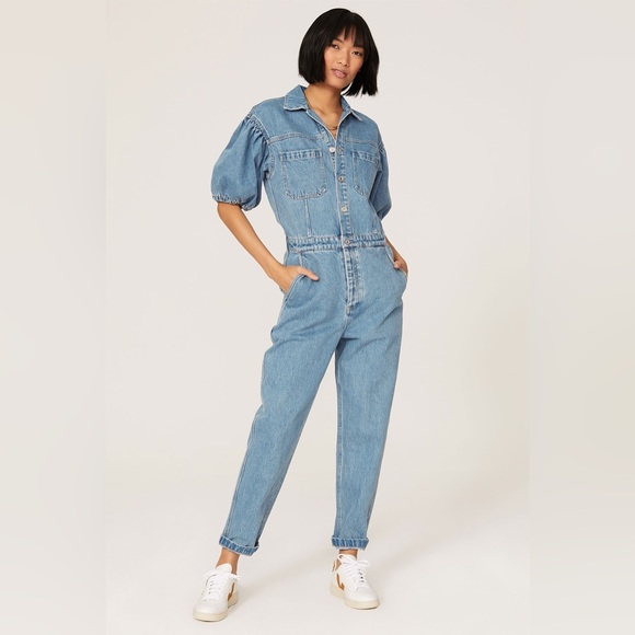 NWT Scotch & Soda Balloon Sleeve Straight Leg Denim Jumpsuit Washed Indigo sz S - Picture 1 of 16